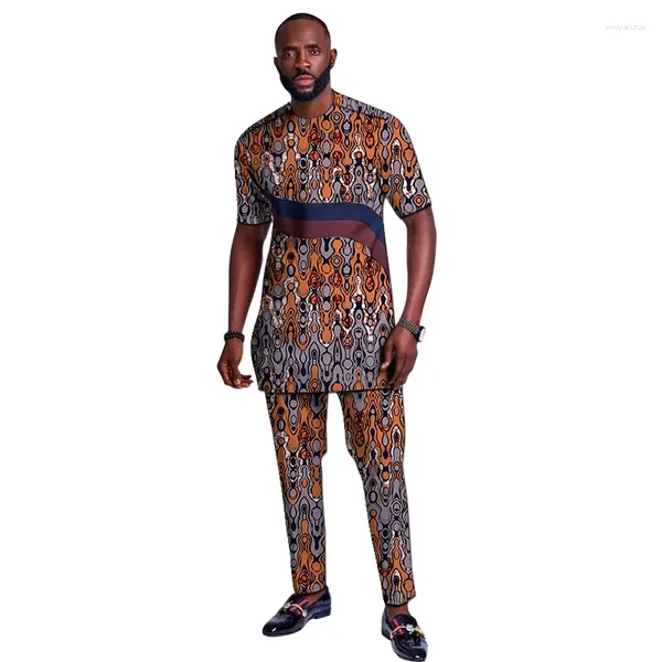 Ropa étnica Moda africana Conjunto de manga corta para hombres Trajes masculinos Marrón / Azul marino Paño Patchwork Tops Pantalones personalizados