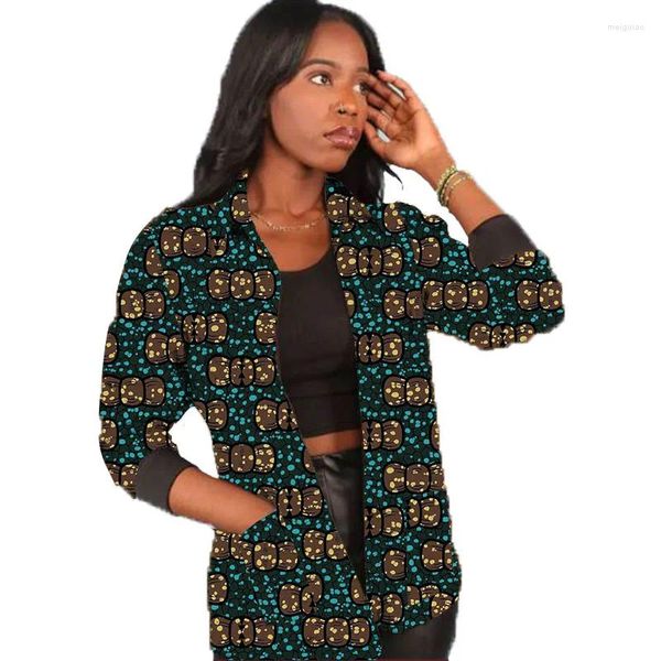 Ropa étnica Moda africana Chaquetas de bombardero de mujer Estilo de calle Impresión colorida Casual Mujer Negro Turn Down Collar Abrigo corto
