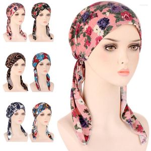 Vêtements ethniques Africain Fleur Imprimer Pré-Attaché Chimio Cap Femmes Musulman Hijab Turban Longues Queues Tête Écharpe Wrap Bonnet Chapeau Perte De Cheveux Chapeaux