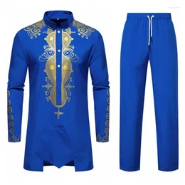Ethnische Kleidung Afrikanischer Goldener Druck Muslimisches Hemd Set Herrenmode Stehkragen Kleidung Kleider Top Hosenanzug Mann Casual Kostüm