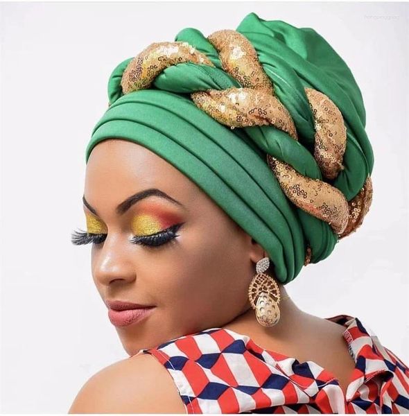 Ropa étnica African Headtie Lentejuelas Trenza Sombrero para mujeres Plisado Headwrap Árabe Wrap Musulmán Bufanda Hijabs Cabello Auto Gele Listo para usar