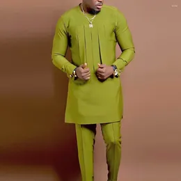 Ropa étnica Conjunto de hombres africanos Color sólido Patchwork Casual Robe Kaftan Muslim Moda Conjuntos Qamis Homme Islam Árabe Jubba Hombres