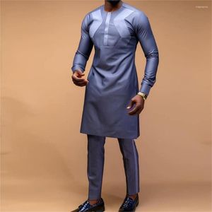 Vêtements ethniques costume africain pour hommes couleur unie chemise Patchwork pantalon décontracté 2 pièces ensemble mariage affaires éléments musulman