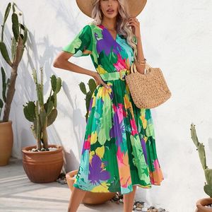 Etnische kleding Afrikaanse geplooide jurk Women V Nek Korte mouw Hoge taille gewaad mode bloemenprint strandstijl Lange Vestidos