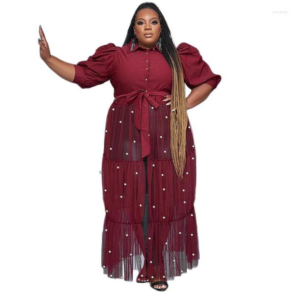 Vêtements ethniques Robes africaines de grande taille pour femmes automne chemise robe perle maille patchwork col en v à manches courtes décontracté long xl-5xl