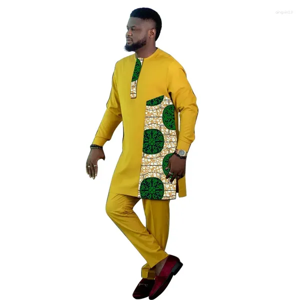 Ropa étnica Estampado africano Camisas largas para hombres Pantalones Personalizar Conjuntos de pantalones Nigeria Moda Masculina Trajes amarillos Tallas grandes Ropa de fiesta