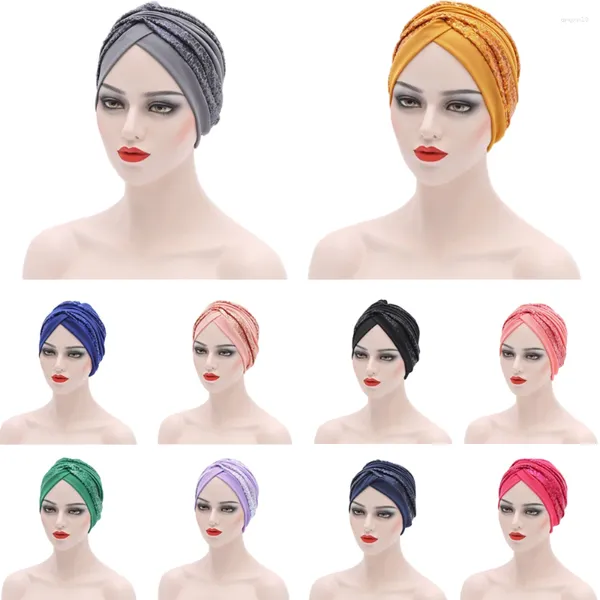 Ropa étnica Lentejuelas africanas Turbante Caps Mujeres Hijabs Listo ya hecho Auto Gele Headtie Head Wrap Musulmán Pañuelo Bonnet Pérdida de cabello