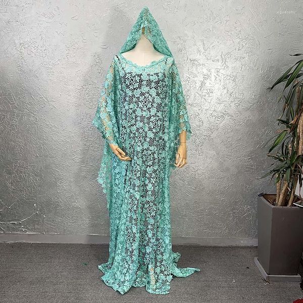 Ropa étnica Estilo africano Abaya Vestidos para mujer Dashiki Guipure Lace Hollow Out Green Maxi Dress Robe Turbante interior Conjunto de 3 piezas Vestido