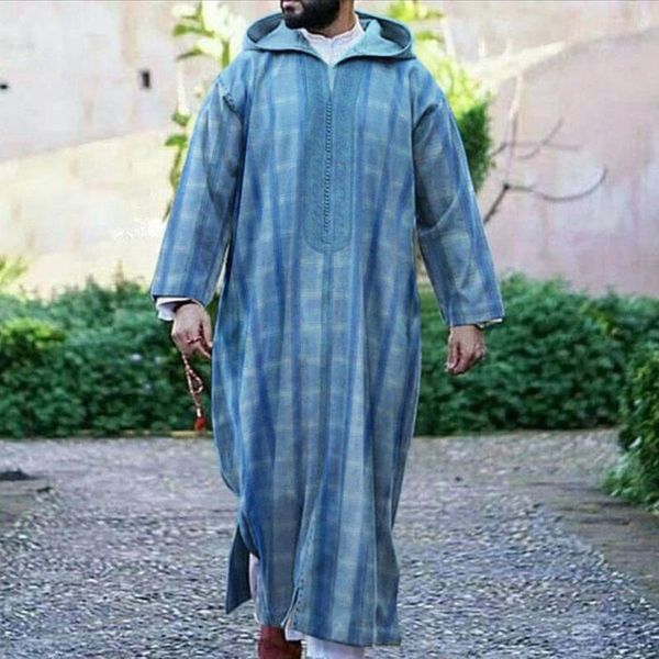 Vêtements ethniques Style africain hommes chemise à manches longues mode musulman à capuche lâche bleu Robe est saoudien arabe caftan 2023 été
