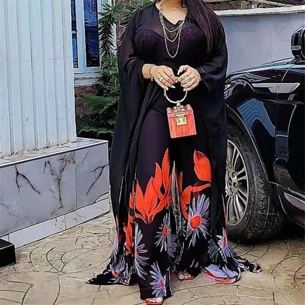 Vêtements ethniques Africain Turquie Mousseline de soie 2024 Été Femmes Longue Robe Pantalon 2 Pièces Ensemble Dashiki Imprimer Maxi Robe Pantalon Costume Robes de Fête