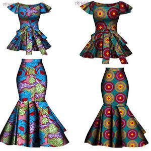 Etnische kleding Afrikaanse Twee pc's set wijd uitlopende rok en bovenste dashiki wax print katoen plus size feestkleding wy10076 230307