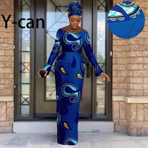 Vêtements ethniques Robes de mariée africaines pour femmes Sexy élégant col en V robe longue mince brillant imprimé robe de soirée avec turban 2425067