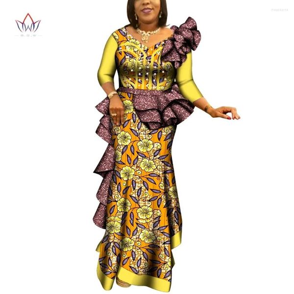 Vêtements ethniques Femmes africaines Robe Bazin Riche Fête de mariage Demoiselle d'honneur Peals V Cou Afrique Imprimer Plus Taille WY6726