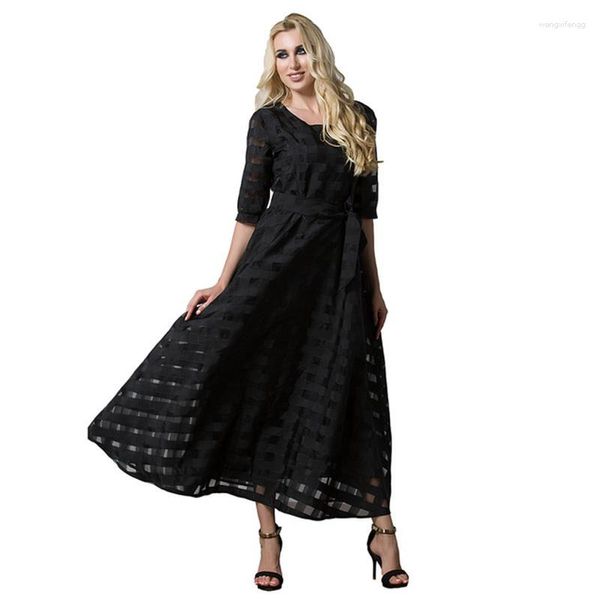 Vêtements ethniques Femmes africaines Manches longues Organza Treillis Design Robe Impression Lâche Caftan avec ceinture Noir Casual Kebaya