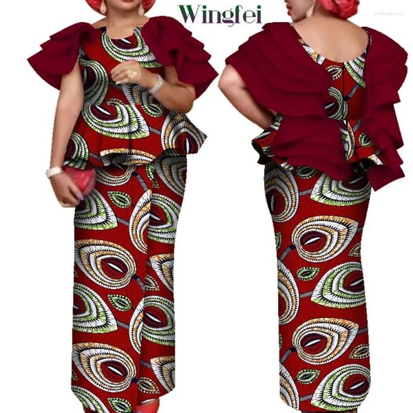 Vêtements ethniques Femmes africaines Imprimé floral Chemise à manches à volants et jupe longue 2 pièces Ensemble élégant Dashiki Vêtements Wy7643