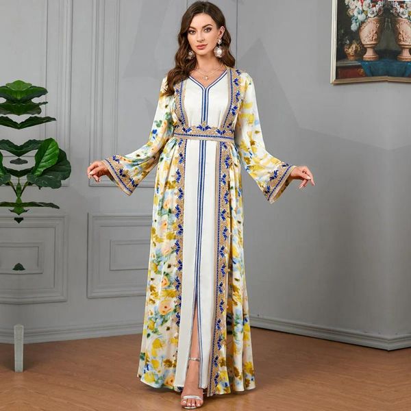 Ropa étnica Africano Vestido Mujer 2 piezas Abaya Set para Dubai Ladies Chic Cinta Trim Belted Caftan Marocain Robe Femme Musulmane