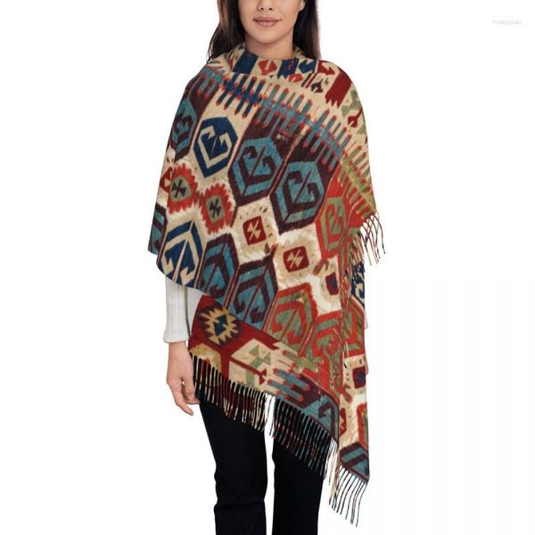 Ropa étnica Aksaray Tribal Antiguo Kilim turco Estampado Borla Bufanda Suave Vintage Bohemio Arte Chales Envolturas Damas Invierno Otoño Bufandas