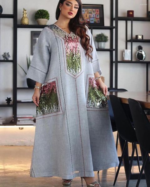 Vêtements ethniques Alabiya Dubai Robe brodée Ramadan Musulman Vêtements pour femmes V-Col en coton Robe en lin avec paillettes géométriques imprimées