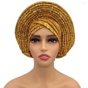 Etnische kleding al gemaakt Afrikaanse hoed Auto Gele Headtie Nigeria Bruiloft Vrouwelijke hoofdwraps Dame hoofddeksel Sequin Tulband Cap voor dames