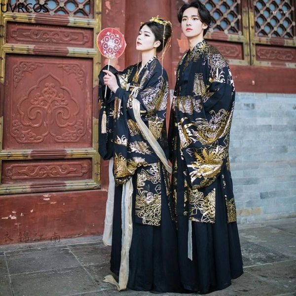 Ropa étnica Vestido tradicional chino antiguo Conjuntos de Hanfu negros emparejados para pareja Disfraz de cosplay de Halloween Danza oriental Hombres Mujeres