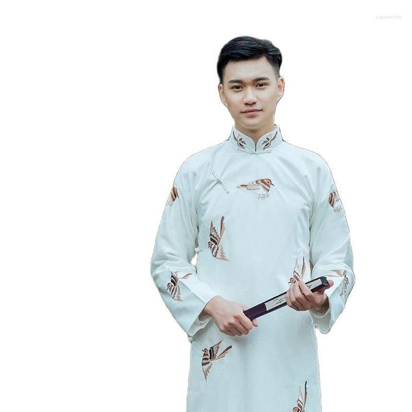 Vêtements ethniques Costume ancien Costume Tang traditionnel chinois Homme Cheongsam Col montant Robe longue pour hommes Robe brodée en lin de coton