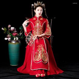 Vêtements ethniques Mariage ancien Qipao Style chinois Fête de la mariée Traditionnelle Grillage Cheongsam Broderie Mariage Ensemble Robe orientale