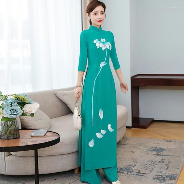 Vêtements ethniques Ao Dai Vietnam Lady Set 2022 Printemps Été Femme Peinte à la main Cheongsam Slim Robe fendue Pantalon à jambes larges Costume deux pièces