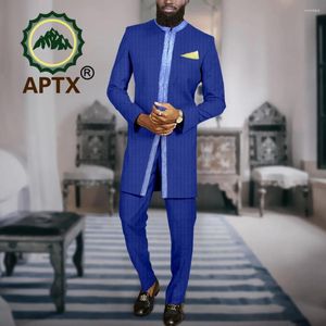 Vêtements ethniques APTX Vêtements africains pour les hommes Slim Fit Turnits Dashiki Royal Blue Jacket Coat Pants Set Wedding Party Bazin Riche