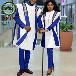 Vêtements ethniques aptx Africain Couple Clothes Men Femmes Matching Agbada Robe Shirt Pant Suit 3 pièces Set pour le mariage Love Love Wear Ty21C032 230510