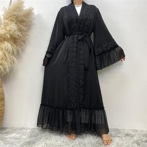 Vêtements ethniques arabe noir broderie Robe Kimono manches ouvert Abaya musulman Cardigan Robe Ramadan Robe pour les femmes moyen-orient