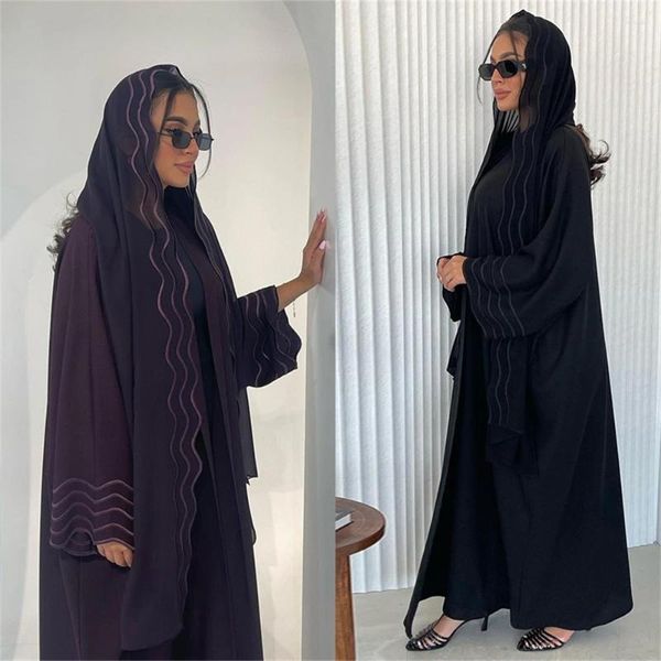 Vêtements ethniques Arabe Dubaï Mode Automne Hiver Solide Hijab Abayas Femmes Ensemble Casual Broderie Ouvert Kimono Abaya avec écharpe Musulman Eid