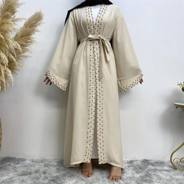 Ropa étnica Árabe Turquía Medio Oriente Moda Elegante Color Neto Con cuentas Musulmán Lace Cardigan Robe Vestidos para mujeres Dubai Abaya