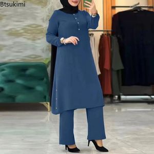 Vêtements ethniques Blouse de la mode de la mode arabe et de la mode musulmane ensembles de survêtement élégant de chemise solide décontractée pantalon à jambe large modeste
