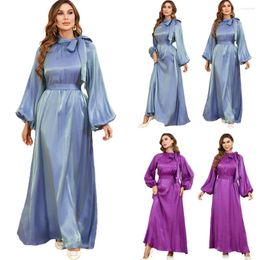 Ropa étnica Mujeres árabes Breve Sólido Elegante Arco Lace Up Stand Collar Linterna Manga larga Corban Eid Al Adha Vestidos musulmanes Noche