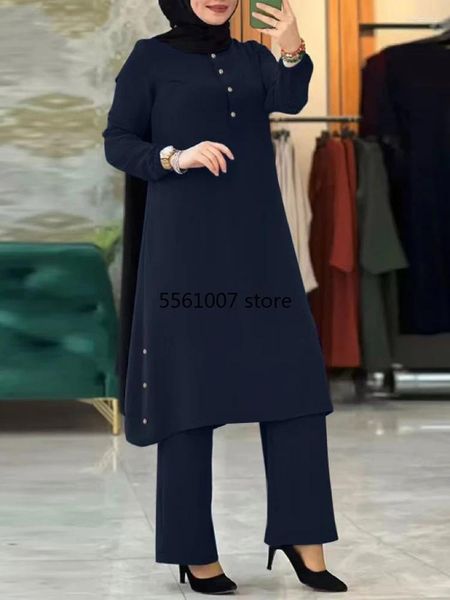 Ropa étnica Mujeres árabes Eid Musulmán Conjunto de dos piezas Blusa Pantalón de pierna ancha Musulman Ensemble Cinturón Camisa de un solo botón Ramadán Modest