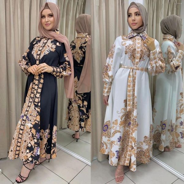 Vêtements ethniques Robes de balançoire à imprimé arabe Dubai Abayas pour femmes Vintage Style national Jalabiya Turn Down Col Robe musulmane Islam