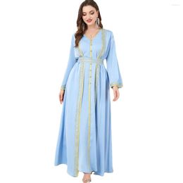 Ethnische Kleidung Arabisch Zweiteiliges Kleid V-Ausschnitt Goldgürtel Knopf Stickerei Chiffon Lange Kleider Sommer Blauer Kaftan Damen
