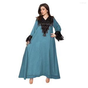 Vêtements ethniques arabe femme paillettes glands col en V manches longues lâche dubaï moyen-orient robe Jalabiya musulman Abaya robes islamiques