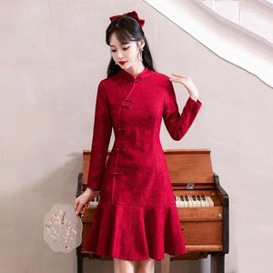 Vêtements ethniques Arrivée 2023 Année chinoise traditionnelle Qipao Vêtements modernes améliorés à manches longues rouge Cheongsam Party Swing Dress 4XL