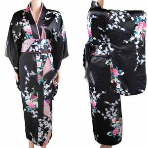 Vêtements ethniques Arrivée Noir Vintage Japonais Femmes Kimono Haori Yukata Soie Satin Robe Mujeres Quimono Peafowl Taille Unique 302B