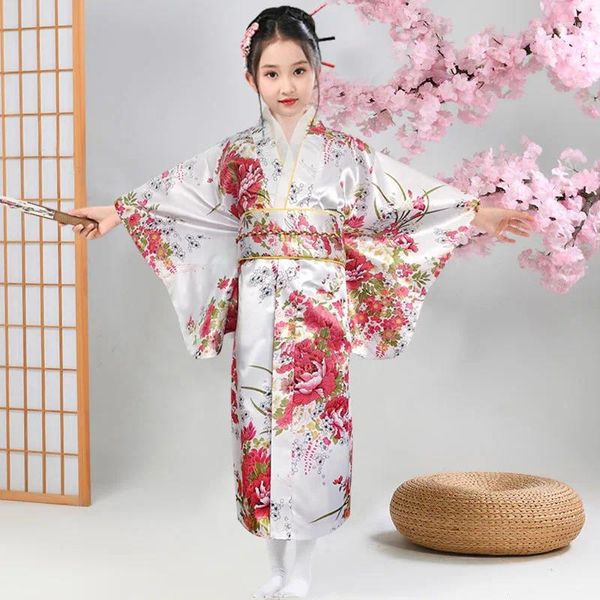 Vêtements ethniques Épiphyllum pour enfants asiatiques Kimono imprimé Peignoir japonais Fille Tempérament Bow Princesse Jupe Robe de performance