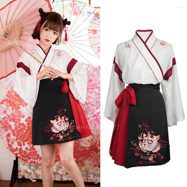 Ropa étnica Moda asiática Kimono Falda corta Conjunto Japonés Tradicional Harajuku Mujeres Chicas Yukata Retro Bordado Hanfu