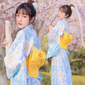 Etnische kleding Aziatische mode vrouwen blauw kimono cardigan herfst formele jurk kersenbloesem po zoete Japanse stijl literaire retro kostuum