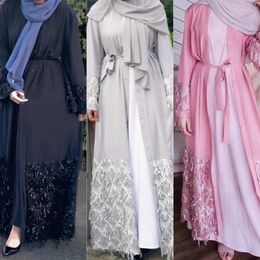 Ropa étnica Otoño 2023 Europa y los Estados Unidos Dubai Elegante Cardigan Falda larga con cinturón Musulmán Kimono Abayas para mujeres