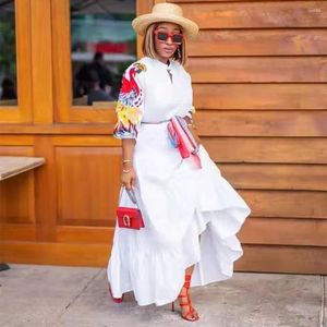 Etnische kleding Herfstaankomst 2023 Afrikaanse vrouwen V-Neck Printing Plus size witte jurken jurken voor