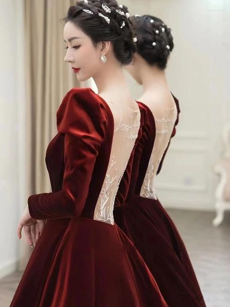 Vêtements ethniques automne bordeaux velours longue a-ligne robe de mariée Toast femmes manches dos nu robe de soirée Vestido