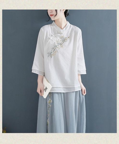 Ropa étnica Otoño Capas dobles Señoras Camisa de lino de algodón Blusa Traje de espiga formal de las mujeres tradicionales chinas Rosa Verde Blanco Hanfu