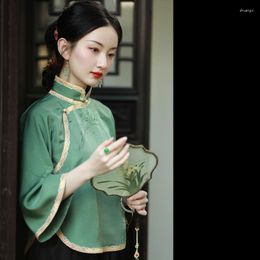 Etnische kleding Autumn Elegant Green Satin Stand Kraag Jacquard Tang Suit Suit van lange mouwen Top Dames Chinese stijl Shirt Blouses Modern