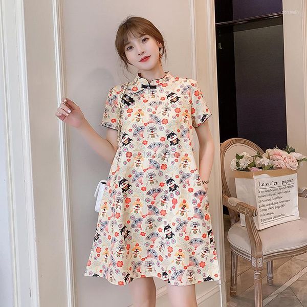 Etnische Kleding Herfst Elegante Qipao Kraag Losse Vrouwelijke Print Mode Verbeterde Cheongsam Casual Chinese Daliy Jurk G390