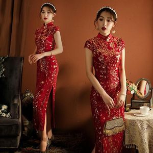 Vêtements ethniques Automne Élégant Sexy Paillettes Velours À Manches Courtes Haute Split Long Qipao Mandarin Col Cheongsam Taille M-4XL265y